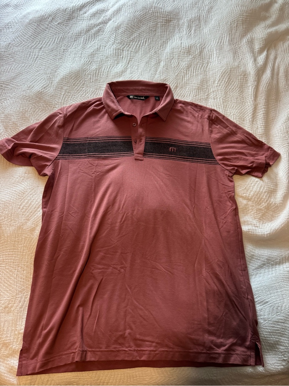 Travis Mathew Men's Polo in Dusty Rose with Black Stripe